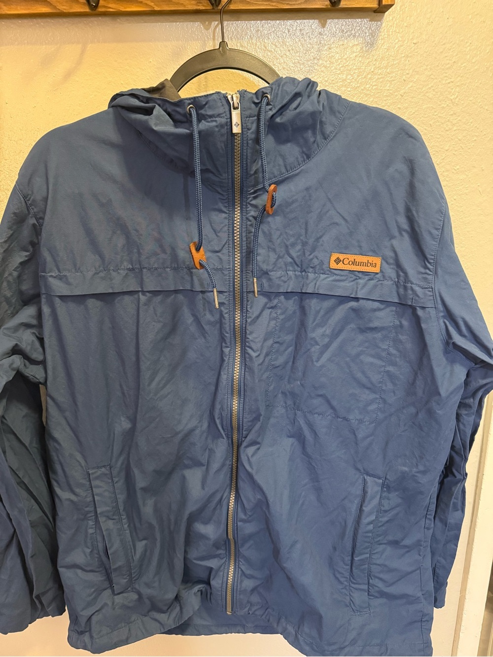 Columbia Blue Hooded Windbreaker with Tan Accents